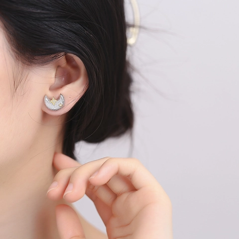 Orecchini a Bottone in Argento Sterling 925 a Forma di Stella e Luna per Donna Oro Argento Bicolore Strass Intarsiato Gioielli Spazzolati Italiani Regalo