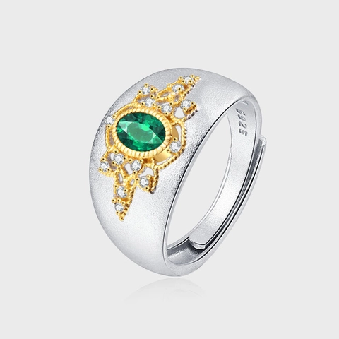 Vintage Palace Style 925 Sterling Silver Hollow Out Lace Emerald Green Rhinestone Open Ring For Women Jewelry Gift