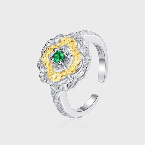 Vintage 925 Sterlingsilber Zweifarbig Ring Für Damen Grün Strass Palast-Stil Arabeske Relief Verstellbar Offener Ring Schmuck