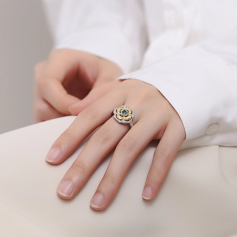 Vintage 925 Sterlingsilber Zweifarbig Ring Für Damen Grün Strass Palast-Stil Arabeske Relief Verstellbar Offener Ring Schmuck