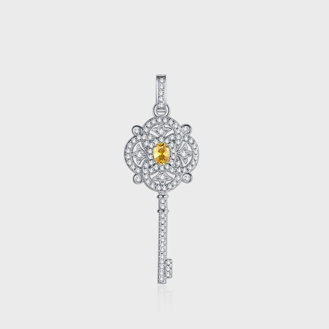 Lussuoso Ciondolo a Forma di Chiave della Dea della Fortuna in Argento Sterling 925 Solo Senza Catena Con Strass e Pietra Gialla per Donna