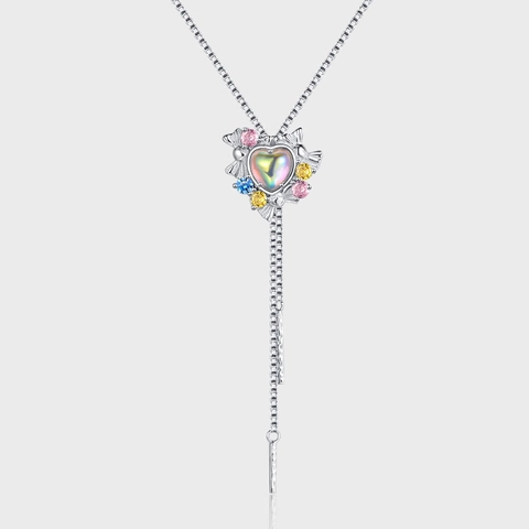 Collana con Pendente a Cuore in Argento Sterling 925 con Pietra di Luna da Donna Fiocco con Strass Colorati Catena Box