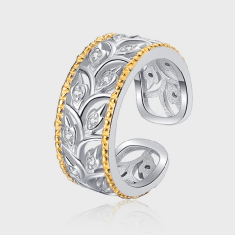 S925 Sterling Zilver Hol Blad Open Ring Voor Vrouwen Vintage Tweekleurige Gouden Rand Zirconia Ingelegd Verstelbare Mode Sieraden Ring