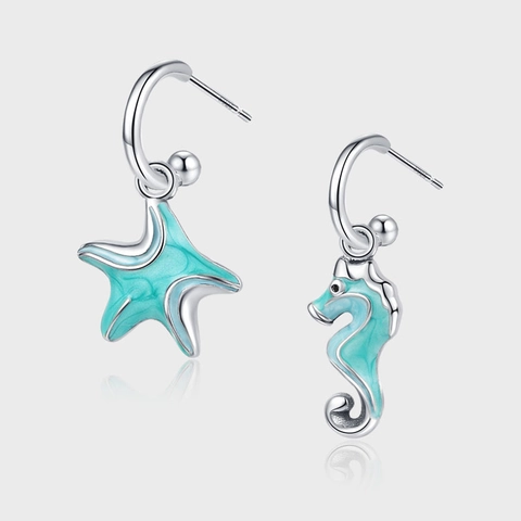 Orecchini a Cerchio Asimmetrici in Argento Sterling 925 Cavalluccio Marino Stella Marina Smalto Blu Gioielli Stile Marino Donna