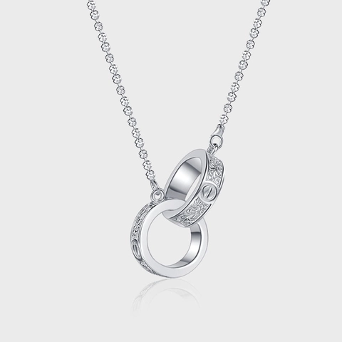 925 Sterling Zilver In Elkaar Grijpende Dubbele Ring Ketting Voor Vrouwen Vintage Tang Gras Reliëf Patroon Sleutelbeen Ketting Sieraden Cadeau