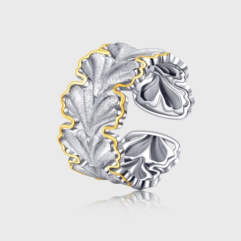 925 Sterling Silver Ginkgo Leaf Open Ring Elegant Gold Silver Bicolor Brushed Adjustable Finger Ring For Women Jewelry