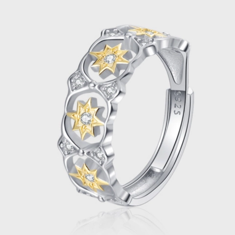 Vintage 925 Sterlingsilber Hexagramm Stern Ring Für Damen Zweifarbig Ausschnitt Strass Eingelegt Offen Verstellbar Schmuck