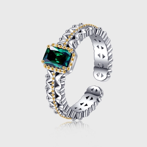 Anillo Abierto de Plata de Ley 925 Vintage Con Circonia Verde Rectangular para Mujer Borde de Encaje Bicolor Anillo Ajustable Joyería