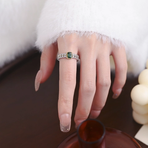Anillo Abierto de Plata de Ley 925 Vintage Con Circonia Verde Rectangular para Mujer Borde de Encaje Bicolor Anillo Ajustable Joyería