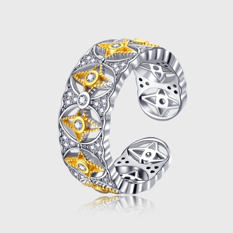 Bague Ouverte Étoile Ajourée en Argent Sterling 925 Style Palais Vintage Bicolore Incrustée de Strass Bague de Mode pour Femme