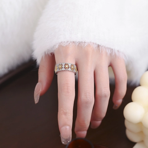 Bague Ouverte Étoile Ajourée en Argent Sterling 925 Style Palais Vintage Bicolore Incrustée de Strass Bague de Mode pour Femme