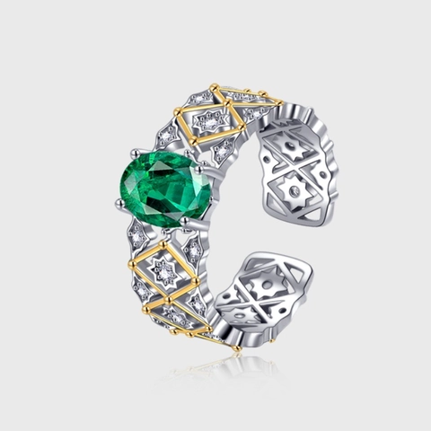 Anello Aperto in Argento Sterling 925 Strass Verde Smeraldo Vintage Intagliato Bicolore Placcato Oro Regolabile Donna