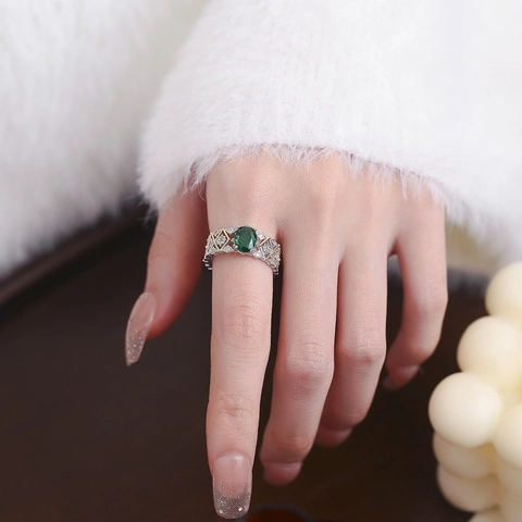 Anello Aperto in Argento Sterling 925 Strass Verde Smeraldo Vintage Intagliato Bicolore Placcato Oro Regolabile Donna