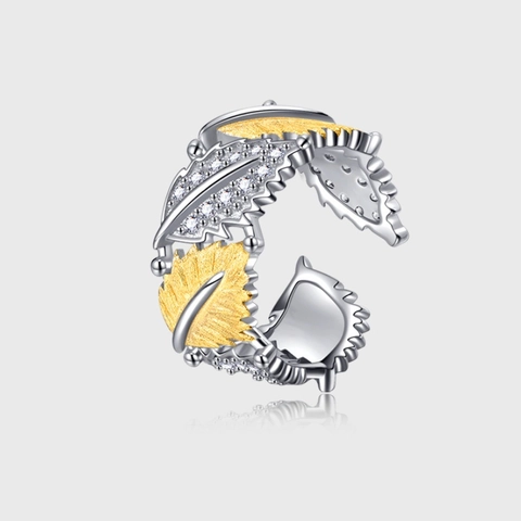 Anello Aperto in Argento Sterling 925 a Foglia di Acero Bicolore Oro Argento Vintage Francese Spazzolato Strass per Donna