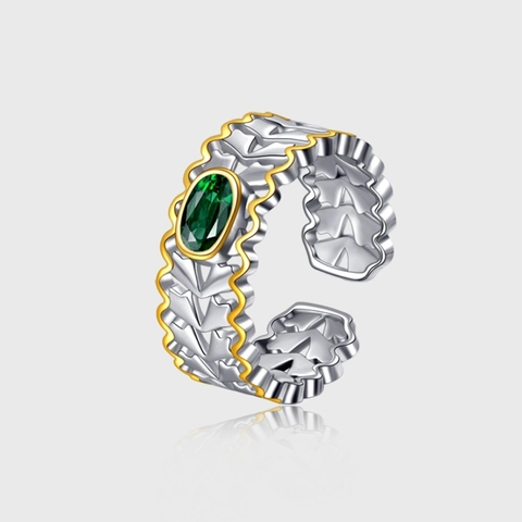 S925 Argento Sterling Vintage Placcato Oro Svuotato Motivo Ondulato Anello Donna Strass Verde Smeraldo Stile Palazzo Aperto