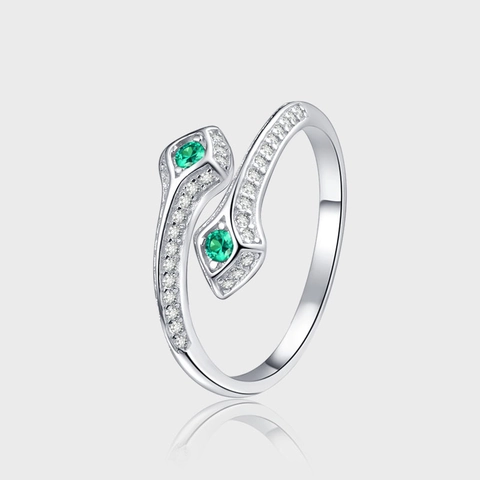 Anillo Abierto con Forma de Serpiente de Plata de Ley S925 para Mujer Circonia Verde Esmeralda Lujo Estilo Coreano Ajustable