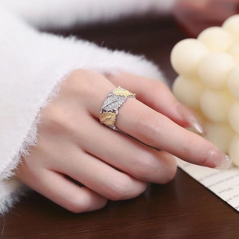 Anello Aperto in Argento Sterling 925 a Foglia di Acero Bicolore Oro Argento Vintage Francese Spazzolato Strass per Donna