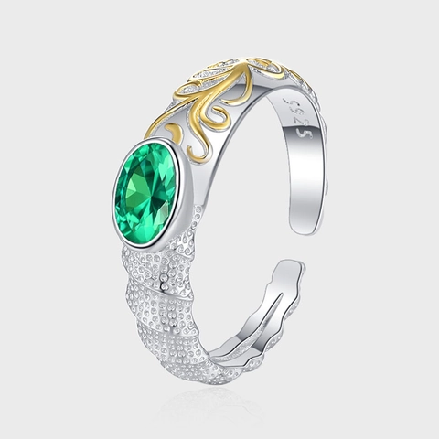 Bague Réglable en Argent Sterling S925 Vintage Avec Zirconia Vert Ovale Bicolore Motif de Volutes Design de Niche