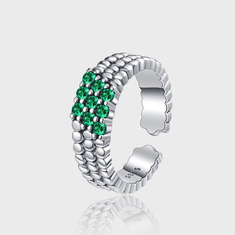 925 Sterling Silver Green Rhinestone Row Adjustable Open Ring For Women Minimalist Polka Dot Texture Finger Jewelry Accessory