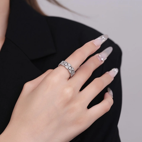 Anello Aperto in Argento Sterling 925 Vintage Trama Palazzo per Donna Lussuoso Anello con Strass Regolabile Gioielli