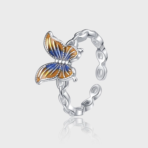925 Sterling Silver Butterfly Open Ring For Women Colorful Enamel Adjustable Finger Ring Hollow Chain Engraved Butterfly Jewelry Gift