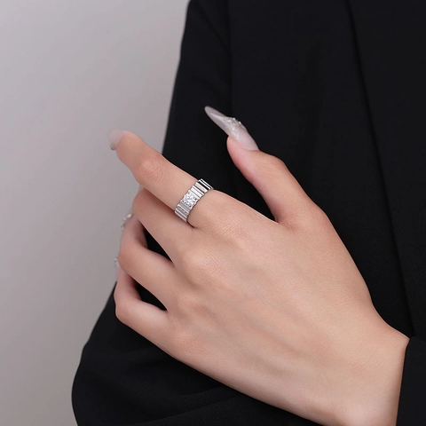 Vintage S925 Sterlingsilber Vertikaler Streifen Offener Ring Für Damen Herren Verstellbar Strass Eingelegter Modischer Fingerring