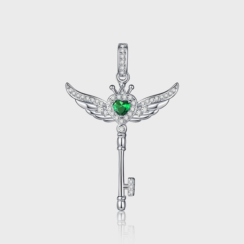 925 Sterling Silver Angel Wings Key Pendant Necklace For Women Luxury Heart Green Zirconia Clavicle Chain Jewelry Gift