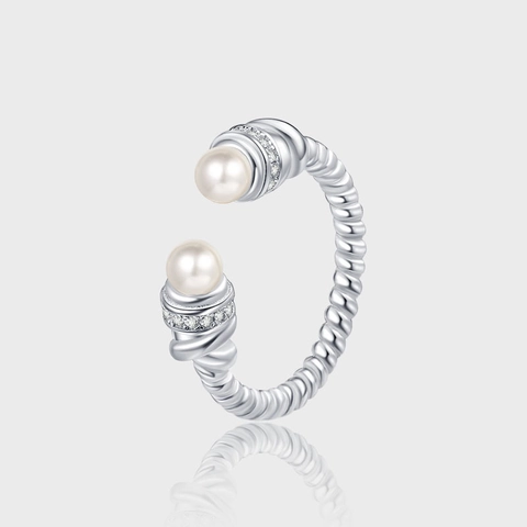 S925 Sterling Silver Twisted Cable Pearl Ring For Women Minimalist Open Adjustable Rhinestone Pave Finger Ring Fashion Jewelry