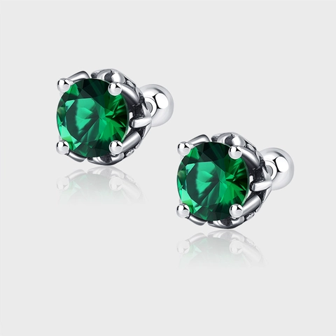 925 Sterling Silver Zirconia Stud Earrings For Women Round Cut Emerald Green Screw Back Piercing Fashion Jewelry