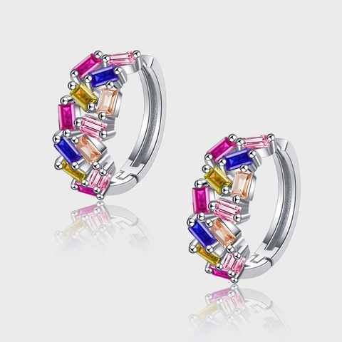Orecchini a Cerchio in Argento Sterling 925 Con Strass Rettangolari Multicolore Per Donna Gioielli Di Moda Eleganti Di Fascia Alta