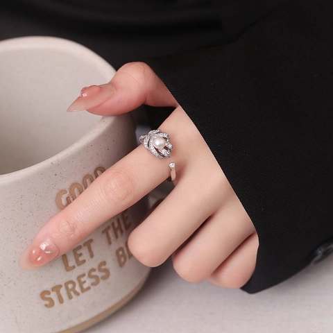 S925 Sterlingsilber Perlen Feder Offener Ring Für Damen Luxus Strass Eingelegt Verstellbarer Fingerring Modeschmuck