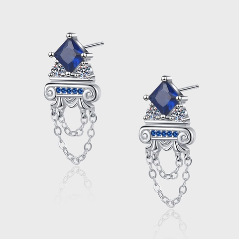 Pendientes de Plata de Ley 925 con Borla de Cadena y Diamantes de Imitación Azules Columna Griega Vintage Joyería para Mujer