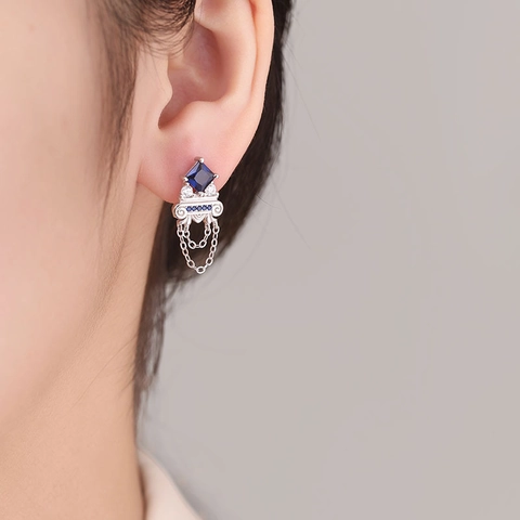 Pendientes de Plata de Ley 925 con Borla de Cadena y Diamantes de Imitación Azules Columna Griega Vintage Joyería para Mujer