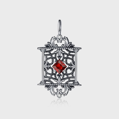 925 Sterlingsilber Vintage Verwittert Palast Anhänger Rechteck Roter Zirkonia Relief High-End Anhänger Für Damen Schmuck