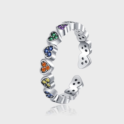 S925 Sterlingsilber Bunter Herz Ring Mikro Eingelegter Mehrfarbiger Zirkonia Verstellbarer Fingerring Für Damen Ins Stil Schmuck