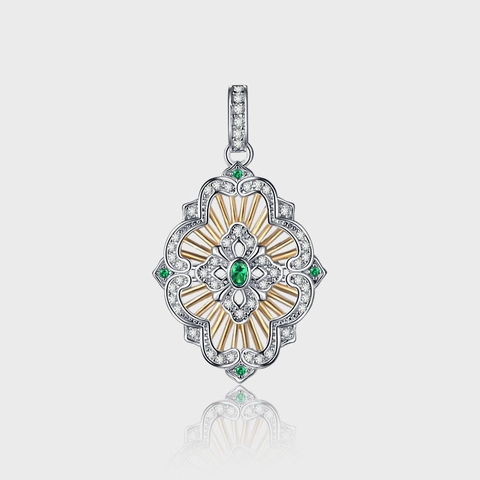 Vintage Palace Hollow 925 Sterling Silver Pendant Necklace Two-Tone Green Rhinestone Micro-Set Geometric Women Jewelry