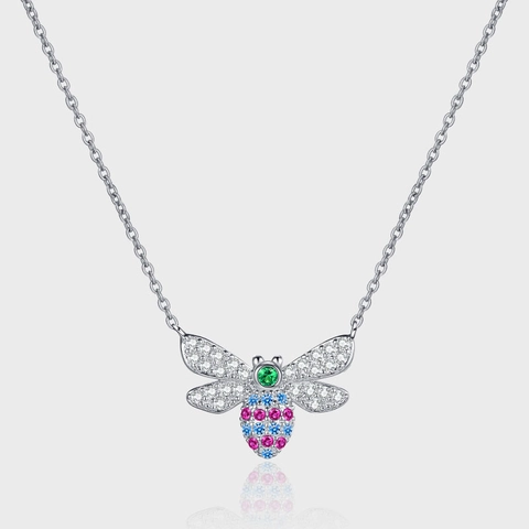 Collana in Argento Sterling S925 Ape con Strass Colorati Intarsiati Pendente Insetto Catena Clavicola Gioielli da Donna