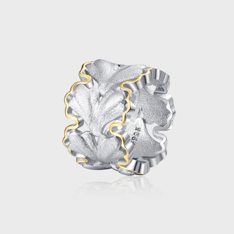 Bague Ouverte en Argent Sterling 925 Feuille de Ginkgo pour Femme Texture Brossée Italienne Bicolore Or Argent Bijoux
