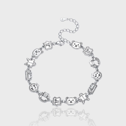 S925 Argento Sterling Vintage Orso Omino di Pan di Zenzero Multi Ciondolo Bracciale per Donna Cartone Animato Gioielli