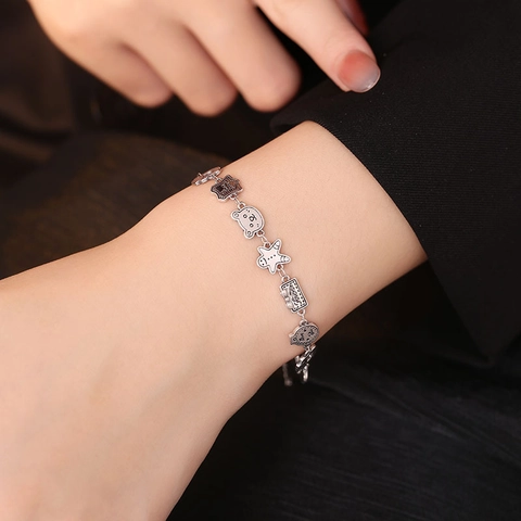 S925 Argento Sterling Vintage Orso Omino di Pan di Zenzero Multi Ciondolo Bracciale per Donna Cartone Animato Gioielli