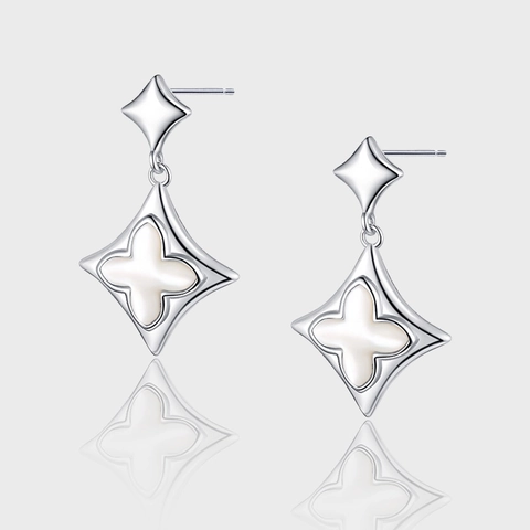 S925 Sterling Silver Vintage Four-Leaf Clover Mother Of Pearl Drop Earrings Italian Craft Star Shaped White Shell Ear Studs Women Jewelry