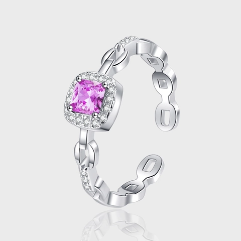 Anello Aperto in Argento Sterling 925 Con Zolletta di Zucchero Quadrata Viola per Donna Design di Nicchia Catena ad Ancora Anello Regolabile in Strass