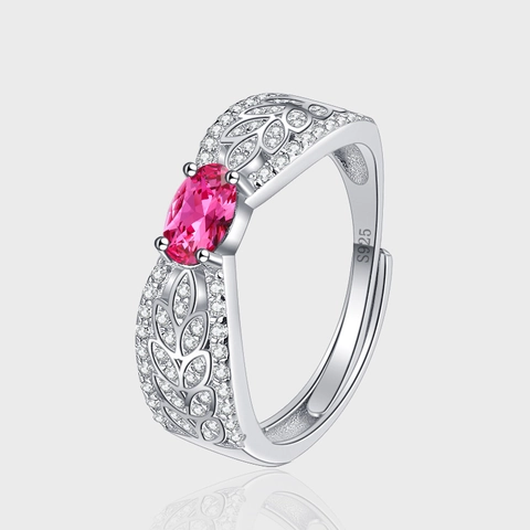 925 Sterling Zilveren Ring Voor Vrouwen Vintage Blad Patroon Ingelegd Rood Strass Verstelbare Sieraden Luxe Vingerring Cadeau