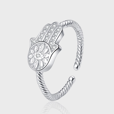 925 Sterlingsilber Hand der Fatima Offener Ring Damen Besetzt mit Strass Böses Auge Gedrehtes Band Verstellbarer Modeschmuck Geschenk