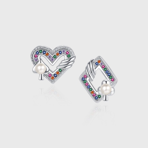 Asymmetrische 925 Sterling Silber Herz Geometrische Ohrstecker Mit Mehrfarbigem Zirkonia Künstliche Perle Poker Element Vintage Schmuck Für Damen