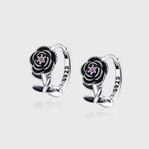 925 Sterling Zilver Roos Camellia Creolen Voor Vrouwen Vintage Gezwart Strass Bloemen Oorsluiting Antieke Sieraden