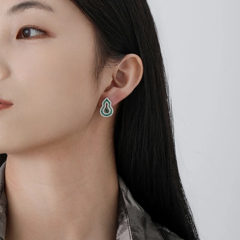 925 Sterlingsilber Wu Lou Ohrringe Für Damen Grüner Strass Pave Hohle Flaschenkürbis Ohrstecker Chinesischer Stil Schmuck