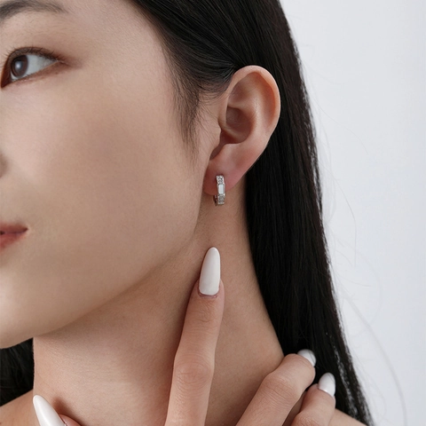 S925 Sterling Silver Bone Link Hoop Earrings With Artificial Mother Of Pearl And Rhinestone For Women Trendy Jewelry