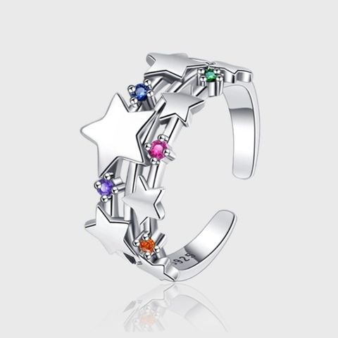 Anillo Abierto de Estrella de Plata de Ley 925 Vintage para Mujer Anillo Ajustable de Varias Capas con Diamantes de Color