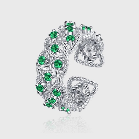 Vintage S925 Sterling Silver Hollow Vine Open Ring For Women Elegant Green Zirconia Inlaid Adjustable Finger Ring Jewelry